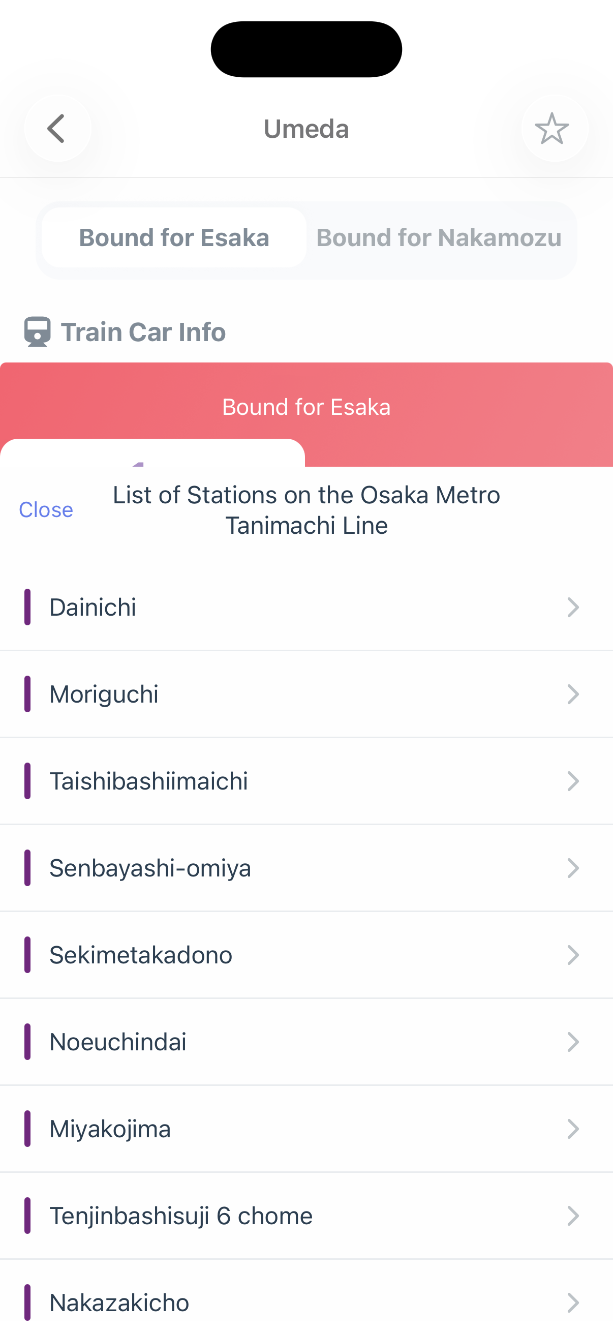 Screenshot of transfer line info from station detail